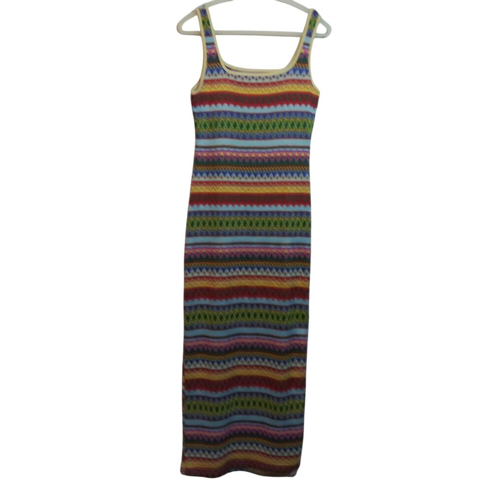 Shein Boho Striped Sleeveless Tank Dress Square Neck Split Thigh Long Maxi Sz L